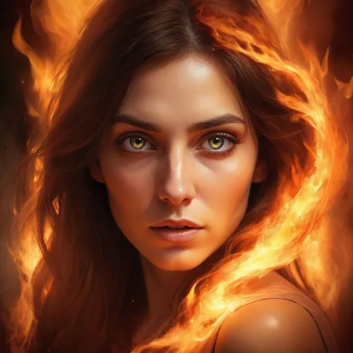 Prompt: Mysterious woman emerging from flames, intense gaze, ethereal beauty, fiery inferno, otherworldly intensity, mystical aura, high quality, digital painting, surreal, warm tones, dramatic lighting, detailed eyes, powerful presence, flames reflecting in eyes, mystical, ethereal, intense, surreal, powerful, fiery, highres, digital art, warm lighting