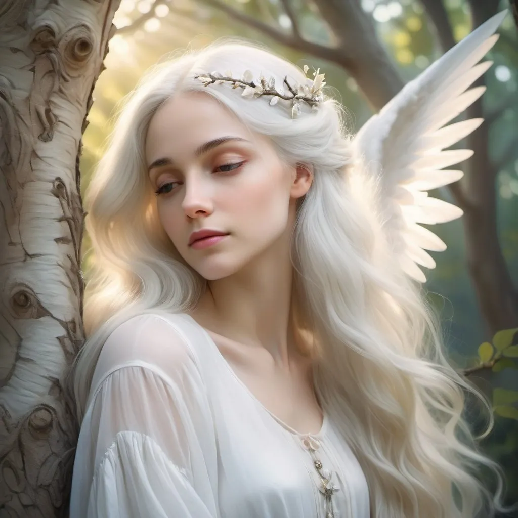 Prompt: Gorgeous angelic woman with long white hair hanging on a tree, ethereal, soft and dreamy, high quality, oil painting, delicate features, angelic wings, serene and peaceful, pastel tones, soft lighting, detailed hair, peaceful atmosphere, angelic, heavenly, ethereal beauty, gentle, soothing, divine light