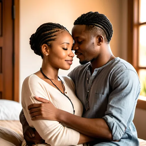 Prompt: A heartfelt,sensual scene of a 30-year-old African Christian couple   cuddling tenderly, bathed in warm, natural light, relaxed casual attire, with the woman sporting braided hair,   charming, warm lighting, cozy setting, casual wear,clock on the wall, African couple, natural light, braided hair, tender embrace, warmth, cozy atmosphere, relaxed, bedroom scenery