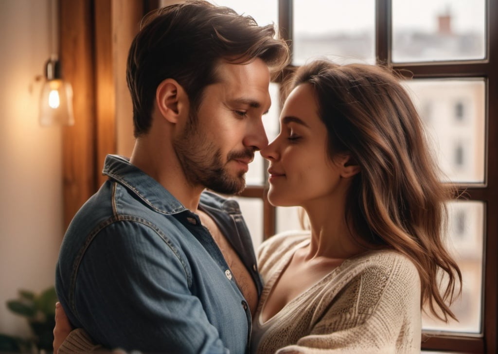 Prompt: 30 year old man and woman cuddling romantically, in casual wear ,warm atmosphere,light enters the room through a window,acne on skin,intimacy