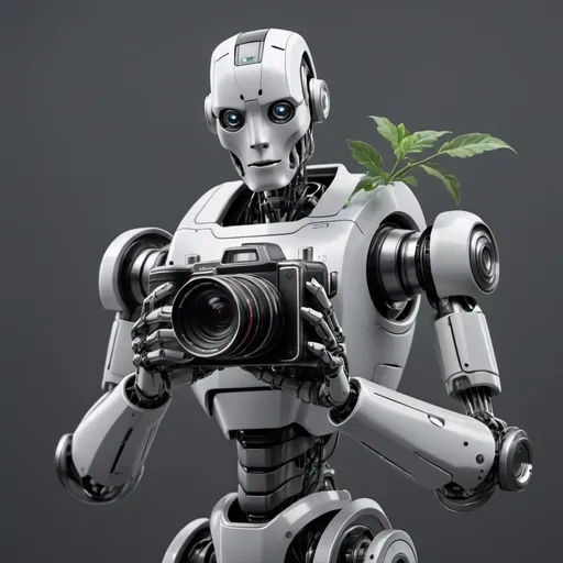 Prompt: Robot holding camera, tall standing character, gray background, realistic, highly detailed, plant growing on face, futuristic, professional, detailed, highres, realistic, sci-fi, dramatic lighting, intricate design, detailed robot, detailed character, detailed plant, industrial, subdued tones,holding a camera