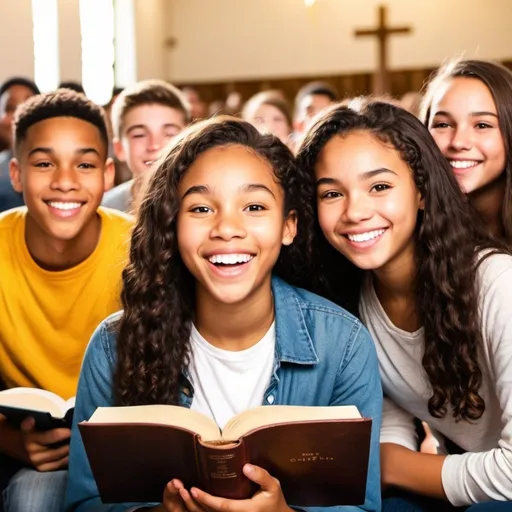 Prompt: Christian teens,studying the bible,church scenery,mixed race,joyful,excitement, happy atmosphere