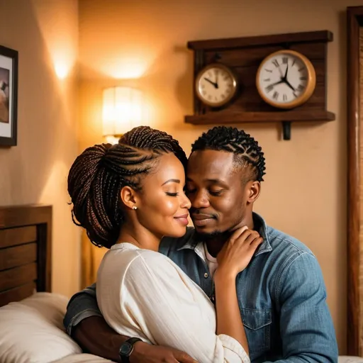 Prompt: A heartfelt,sensual scene of a 30-year-old African Christian couple   cuddling tenderly, bathed in warm, natural light, relaxed casual attire, with the woman sporting braided hair,   charming, warm lighting, cozy setting, casual wear,clock on the wall, African couple, natural light, braided hair, tender embrace, warmth, cozy atmosphere, relaxed, bedroom scenery