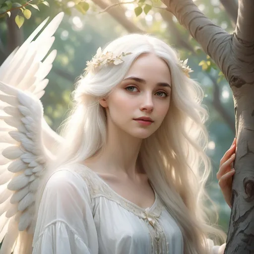 Prompt: Gorgeous angelic woman with long white hair hanging on a tree, ethereal, soft and dreamy, high quality, oil painting, delicate features, angelic wings, serene and peaceful, pastel tones, soft lighting, detailed hair, peaceful atmosphere, angelic, heavenly, ethereal beauty, gentle, soothing, divine light