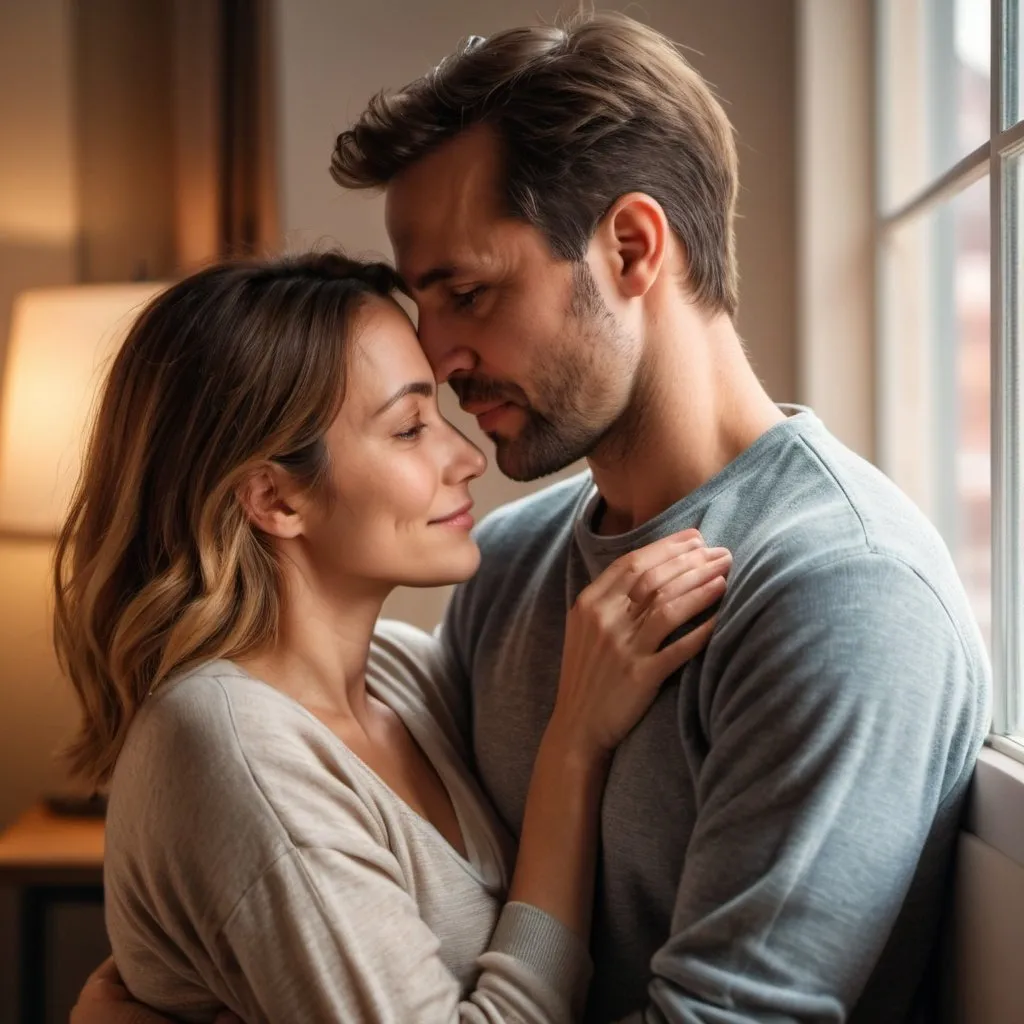 Prompt: 30 year old man and woman cuddling romantically, in casual wear ,warm atmosphere,light enters the room through a window,acne on skin