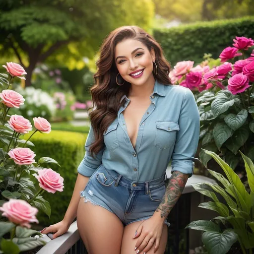 Prompt: 25-year-old beautiful woman , realistic garden scenery, professional makeup, bright smile, sensual pose, full body shot, showing bums, bent over with leg stretched out, curvy, thick bottom, dimples, pink lips, tattoo, bright and realistic, garden scenery, professional makeup, happy mood, perfect composition, burst, sensual, highres, ultra-detailed, realistic, bright colors