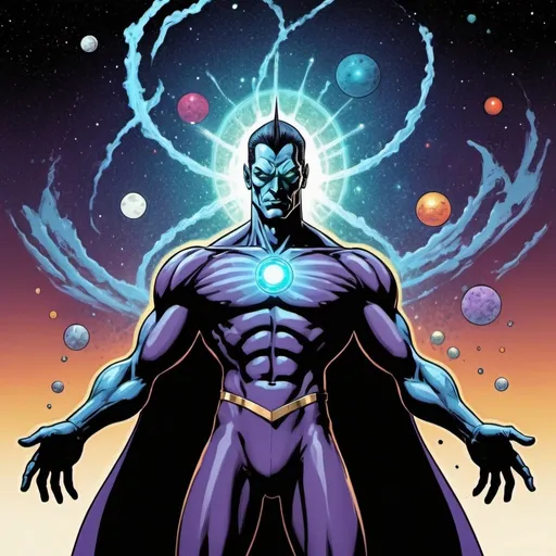 Prompt: 4ft5, human, with the power of cosmic awareness, villain, in the art style of a comic book