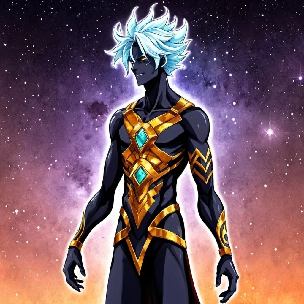 Prompt: Demigod, 7ft, with cosmic awareness and the power of the cosmos, villain, in the art style of an anime