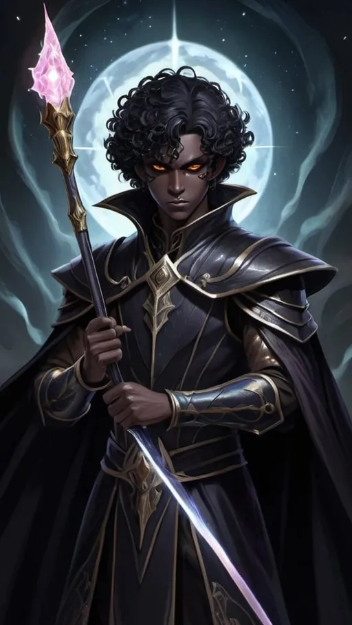 Prompt: tarot card Anime illustration, Create a dark elf villain with light brown skin and short, curly black hair. He wields the power of the darkness dimension and is armed with an enchanted ethereal javelin. His expression is menacing, and he exudes a sinister aura. His outfit is dark and otherworldly, reflecting his connection to the darkness dimension, with intricate, mystical designs. The background should evoke a sense of the dark and mysterious realm he commands