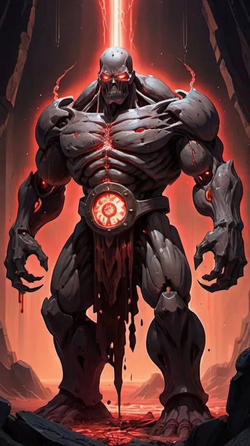 Prompt: tarot card Anime illustration,  a golem with the power of atomic manipulation. This golem has a rugged, stone-like appearance with intricate glowing lines running across its body, symbolizing its control over atoms. It wields an enchanted blood scythe, which has a sinister, otherworldly design with a blade that appears to be made of solidified blood and emits a faint red glow. The golem's stance is imposing and menacing, with a backdrop that reflects its immense power and the chaos it can unleash