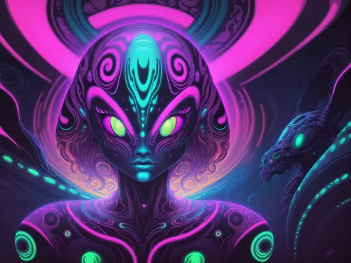Prompt: Hypnotic illustration of an alien, hypnotic psychedelic art by Dan Mumford, pop surrealism, dark glow neon paint, mystical, Behance