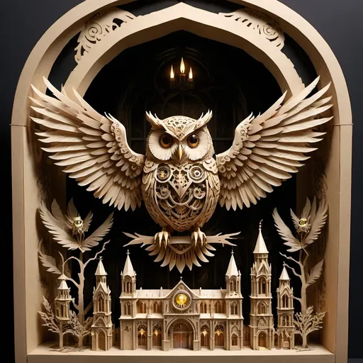 Prompt: Mechanical owl, steampunk style, intricate details, gothic cathedral, wings spread, perched, atmospheric lighting, gothic, steampunk, intricate design, mechanical, detailed feathers, cathedral interior, high quality, professional, atmospheric lighting