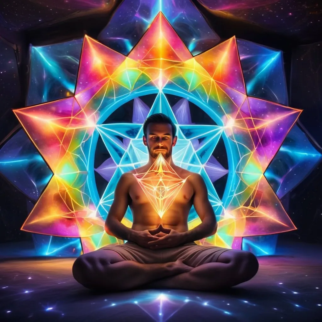 Prompt: man sitting inside a merkaba, glowing bright psychedelic colors