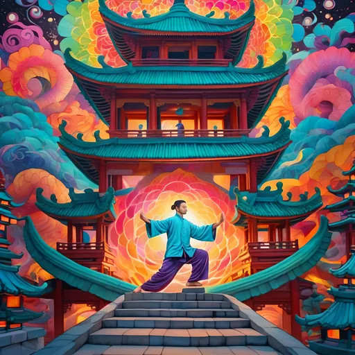 Prompt: Man practicing Tai chi on pagoda rooftop, vibrant psychedelic background, intricate hidden details, high quality, detailed linework, psychedelic art, peaceful atmosphere, colorful lighting