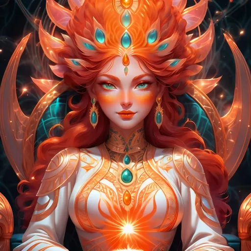 Prompt: Red headed cat goddess on a throne, glowing orange aura, psychedelic detail, high quality, digital painting, vibrant colors, ethereal atmosphere, intricate patterns, mesmerizing eyes, mystical, fantasy, exotic, radiant lighting, divine presence