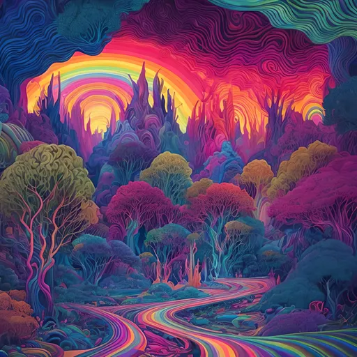Prompt: Psychedelic dream landscape unfolding over a sleeping man, vibrant and surreal, rainbow bridges, floating trees, colorful animals, highres, dreamy, psychedelic, vibrant colors, surreal, detailed, sleeping man, dreamy landscape, ethereal, fantasy, surrealistic, vibrant lighting