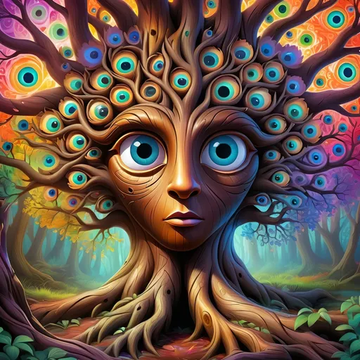 Prompt: Psychedelic illustration of a hollow tree filled with numerous vibrant eyes, kaleidoscopic color swirls, surreal and mesmerizing, high-quality, digital painting, rainbow hues, iridescent lighting, detailed irises, fantastical, mystical, whimsical, dreamlike, surreal, psychedelic, vibrant colors, mesmerizing lighting, detailed eyes