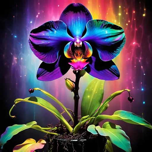 Prompt: Black orchid with scintillating rainbow aura, creeping black vines, psychedelic detail, highres, vibrant, surreal, dark tones, atmospheric lighting