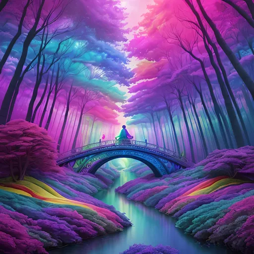 Prompt: Psychedelic dream landscape unfolding over a sleeping man, vibrant and surreal, rainbow bridges, floating trees, colorful animals, highres, dreamy, psychedelic, vibrant colors, surreal, detailed, sleeping man, dreamy landscape, ethereal, fantasy, surrealistic, vibrant lighting