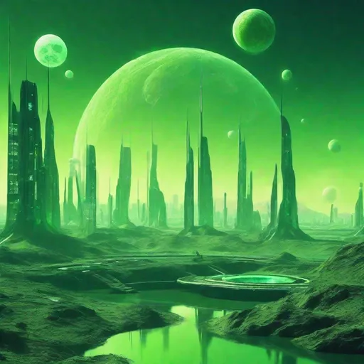 Prompt: futuristic cityscape on an alien planet, green sky with 3 moons 