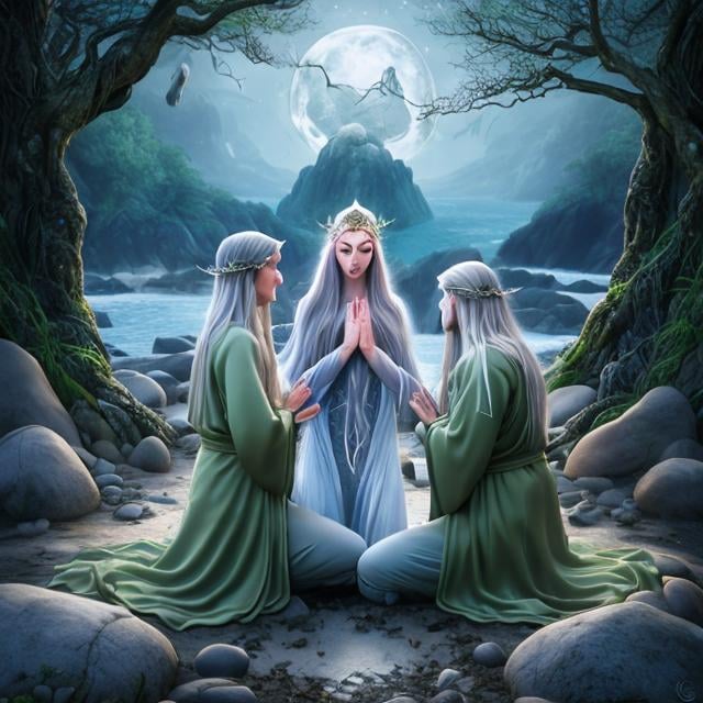 Prompt: Elven moon goddess blessing two kneeling people, rocky beach setting, forest in the background, ethereal moonlight, mystical, detailed hair and robes, serene expression, fantasy, divine blessing, elven, moon goddess, ethereal, detailed, mystical, rocky beach, forest, moonlight, serene, fantasy setting, celestial lighting