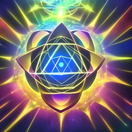 Prompt: Metatron's cube illuminated with inner light, sacred geometry, vibrant energy, spiritual symbolism, high quality, vivid, detailed 3D rendering, glowing patterns, cosmic, vibrant colors, ethereal lighting