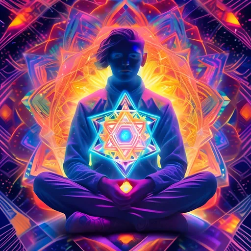 Prompt: man sitting inside a glowing psychedelic merkaba, vibrant colors, intricate geometric patterns, spiritual atmosphere, high quality, digital art, psychedelic, vibrant colors, intricate patterns, spiritual, atmospheric lighting