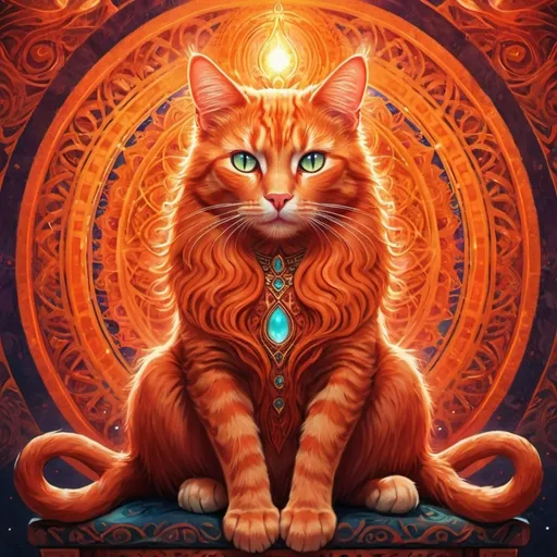 Prompt: Red headed cat goddess on a throne, glowing orange aura, psychedelic detail, high quality, digital painting, vibrant colors, ethereal atmosphere, intricate patterns, mesmerizing eyes, mystical, fantasy, exotic, radiant lighting, divine presence