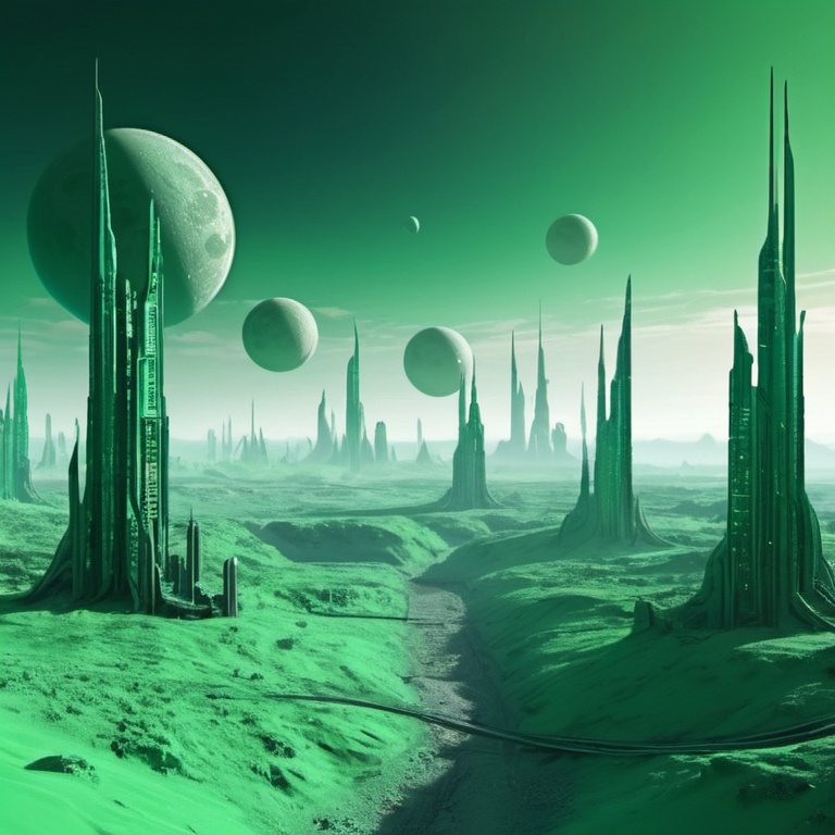 Prompt: futuristic cityscape on an alien planet, green sky with 3 moons 