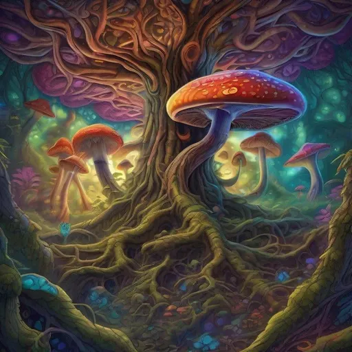 Prompt: Psychedelic mushroom growing from a huge tree with many branches, highly detailed, vibrant colors, intricate patterns, surreal atmosphere, high quality, detailed textures, vibrant colors, morphisart, psychedelic, surreal, intricate details, tree trunk, mushroom growth, surreal lighting