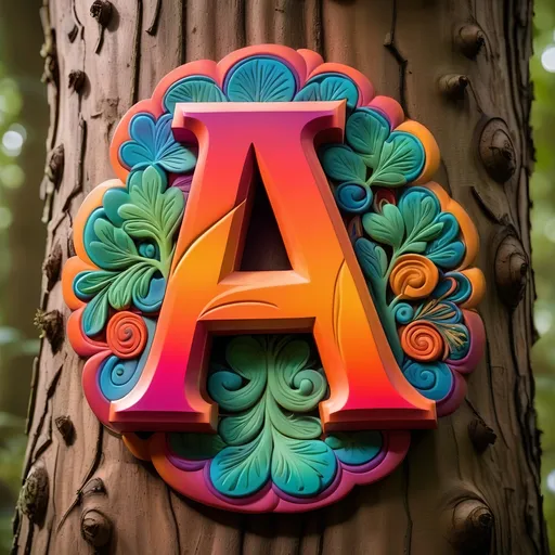 Prompt: A capital letter 'A', embossed on a tree, with psychedelic features.