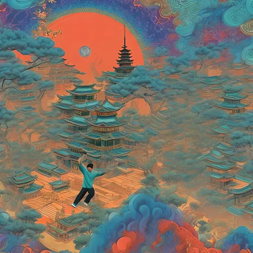 Prompt: A man doing Tai chi on top of a pagoda, psychedelic background with lots of hidden detail