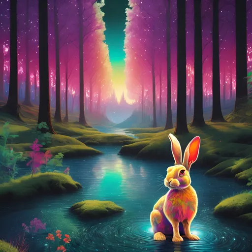 Prompt: A rabbit, extremely psychedelic, unexpected detail, embedded in a forest, sparkling river in the foreground
