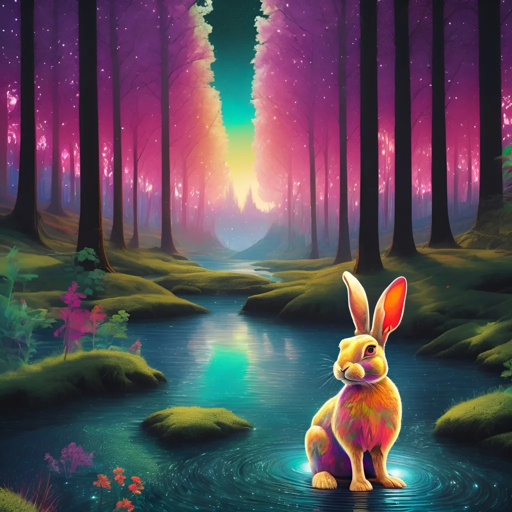 Prompt: A rabbit, extremely psychedelic, unexpected detail, embedded in a forest, sparkling river in the foreground