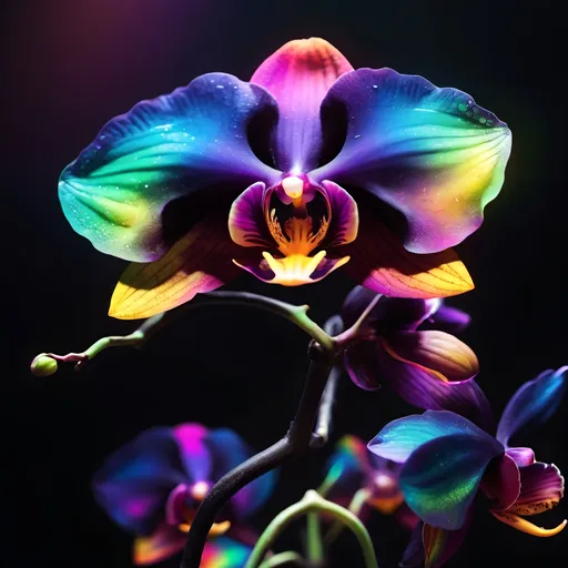 Prompt: Black orchid with scintillating rainbow aura, creeping black vines, psychedelic detail, highres, vibrant, surreal, dark tones, atmospheric lighting