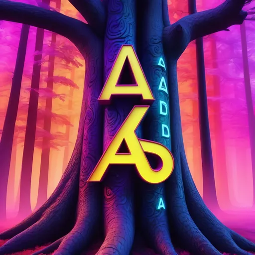 Prompt: Embossed text 'A+D' on tree, vibrant colors, surreal psychedelic, 3D rendering, intricate psychedelic patterns, high-res, vibrant, surreal, tree trunk texture, glowing neon colors, detailed, trippy, surreal lighting