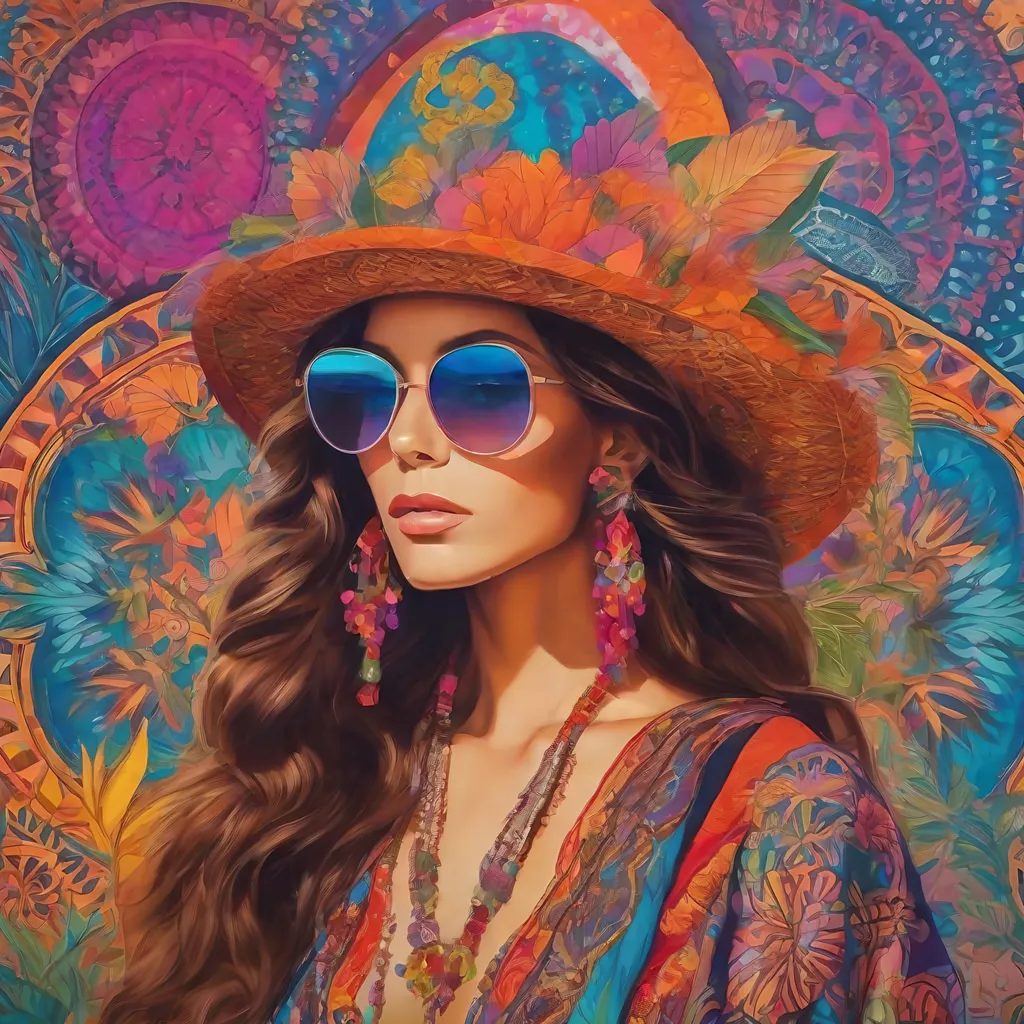 Prompt: Lady Irodiada, bohemian vibes, with psychedelic background and hidden detail