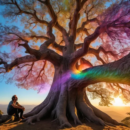 Prompt: man with a brilliant psychedelic aura, perched in a beautiful enormous tree