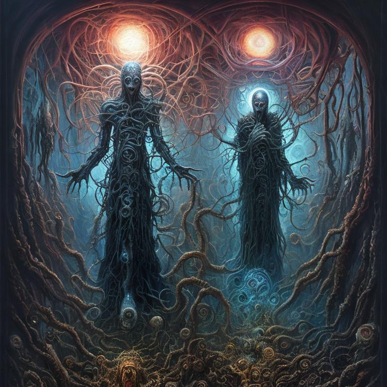 Prompt: four-dimensional eldritch being, multiverse-traveling abomination, masterpiece painting, greg rutkowski, clive barker, alex grey, ethereal sci-fi fantasy, horrifying, disturbing, cosmic horror, (center frame), balanced composition, psychedelic art, trending on artstation