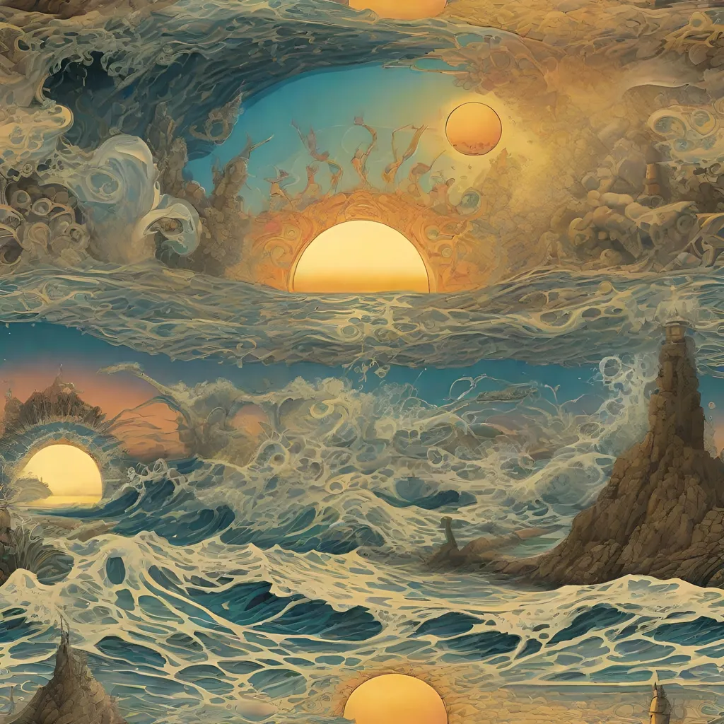 Prompt: A sunrise over the ocean, human souls enshrined in nature,  In the style of Salvador Dali, with psychedelic detail embedded in the ocean.