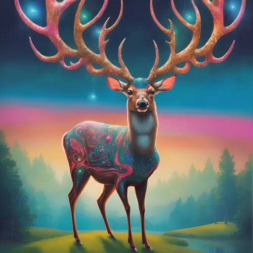 Prompt: A deer in the style of Heironymous Bosch, extremely psychedelic, unexpected detail, with sparkling antlers