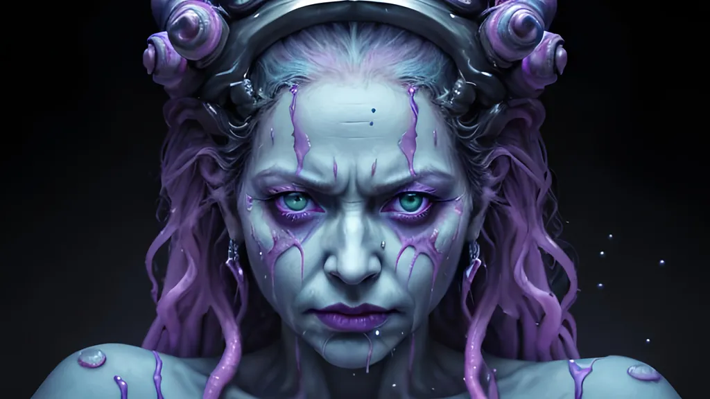 Prompt: Hyperrealistic art the queen of pain stares at the camera, in the style of psychadelic acid, vray tracing, raw character, 32k uhd, schlieren photography, conceptual portraiture, wet - on - wet blending in the style of t3xtn <lora:t3xtn:0.6> <lora:more_details:0.6> <lora:Venus:0.2> . Extremely high-resolution details, photographic, realism pushed to extreme, fine texture, incredibly lifelike