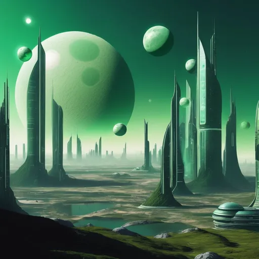 Prompt: futuristic cityscape on an alien planet, green sky with 3 moons 