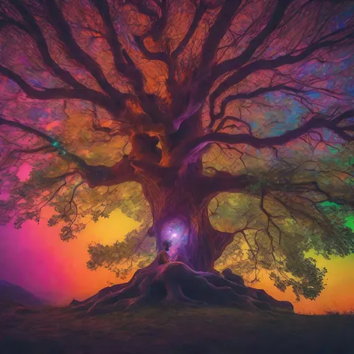 Prompt: man with a brilliant psychedelic aura, perched in a beautiful enormous tree