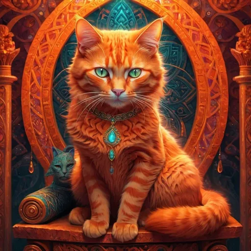 Prompt: Red headed cat goddess on a throne, glowing orange aura, psychedelic detail, high quality, digital painting, vibrant colors, ethereal atmosphere, intricate patterns, mesmerizing eyes, mystical, fantasy, exotic, radiant lighting, divine presence