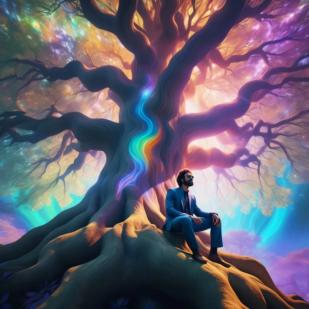 Prompt: man with a brilliant psychedelic aura, perched in a beautiful enormous tree