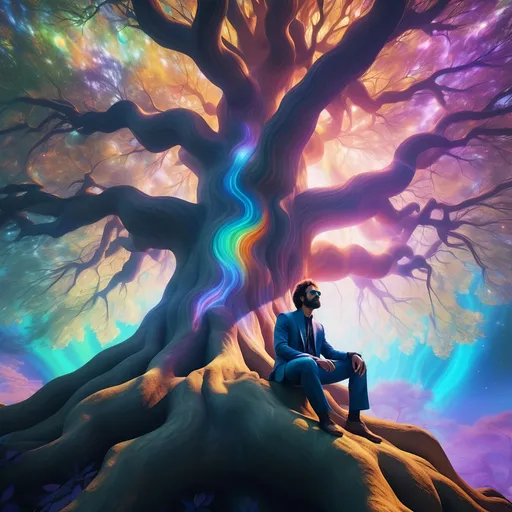 Prompt: man with a brilliant psychedelic aura, perched in a beautiful enormous tree