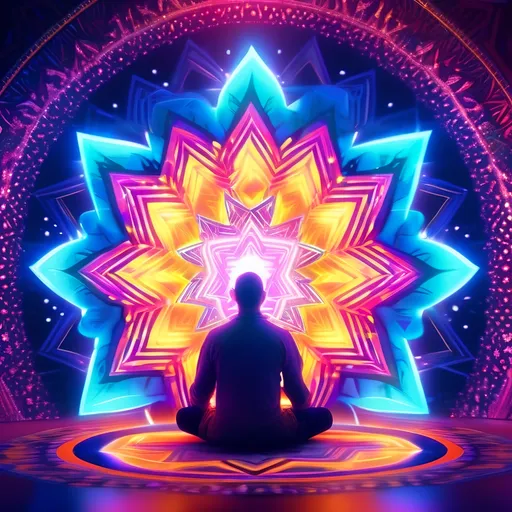 Prompt: man sitting inside a glowing psychedelic merkaba, vibrant colors, intricate geometric patterns, spiritual atmosphere, high quality, digital art, psychedelic, vibrant colors, intricate patterns, spiritual, atmospheric lighting