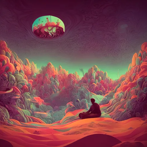 Prompt: a man sleeps in a bed while psychedelic landscapes unfold over his head