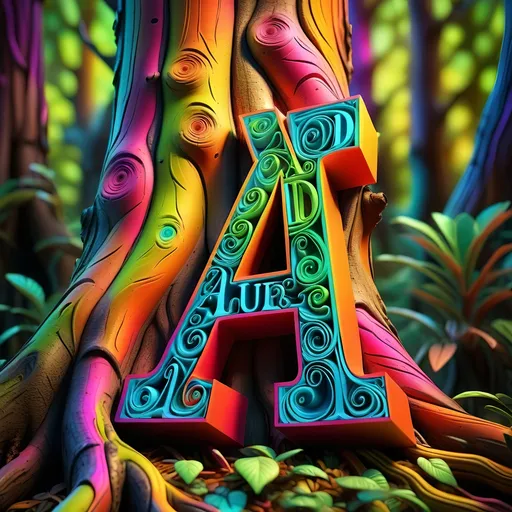 Prompt: Embossed text 'A+D' on tree, vibrant colors, surreal psychedelic, 3D rendering, intricate psychedelic patterns, high-res, vibrant, surreal, tree trunk texture, glowing neon colors, detailed, trippy, surreal lighting